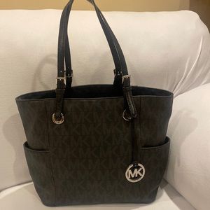 Michael Kors large purse black with gray MK monogram all over silver accents